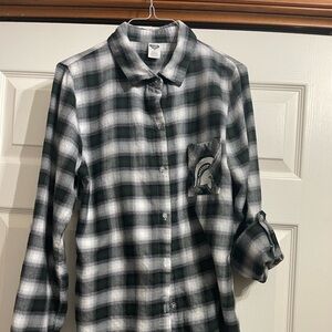 Green, black and white plaid button-up ‘Michigan State’ Spartans logo shirt